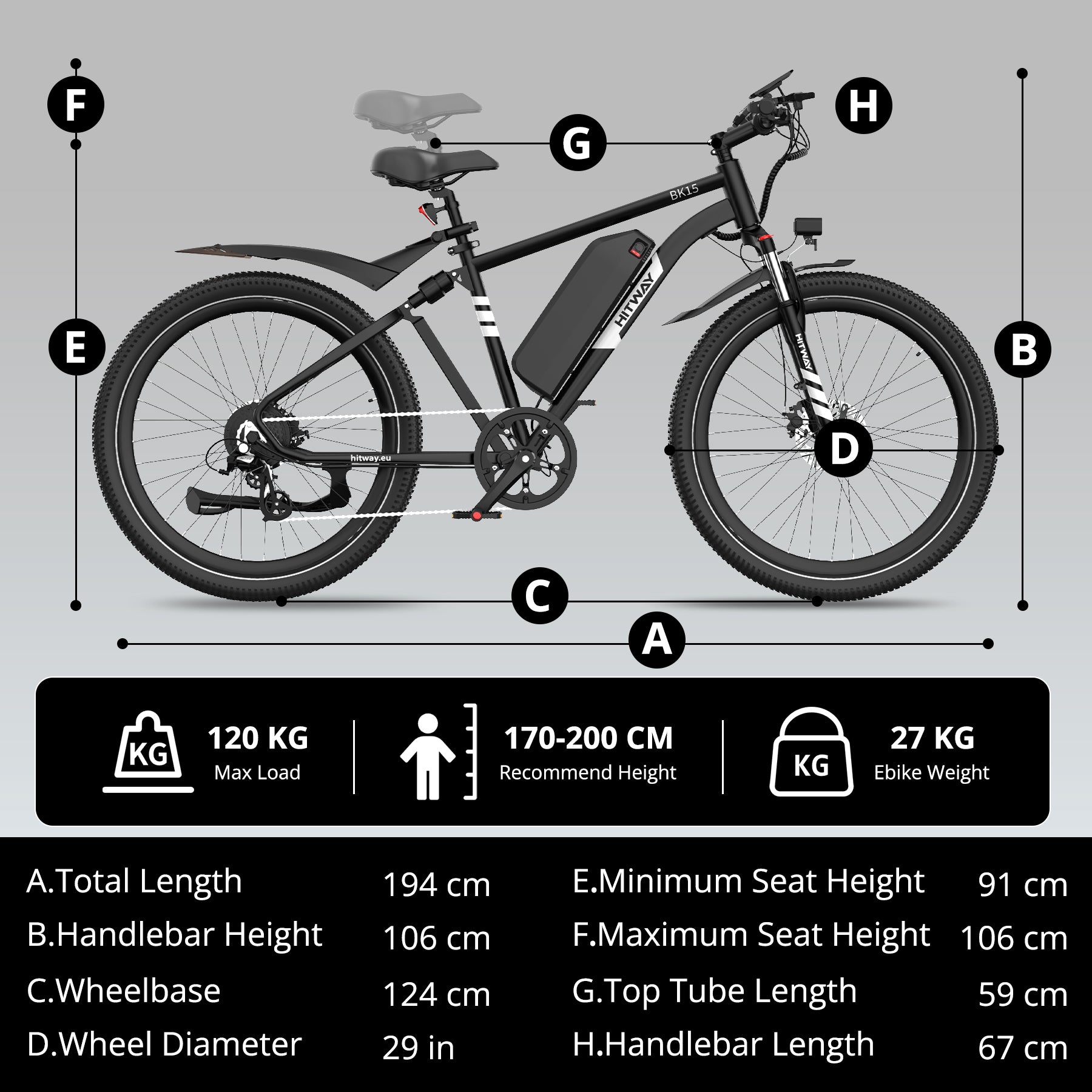 gesamtlänge mountainbike HITWAY BK15 Plus 29" E-Bike, 48V 15,6Ah Akku, 80–150 km Reichweite, All-Terrain-Mountainbike mit Vollfederung – HITWAY EU