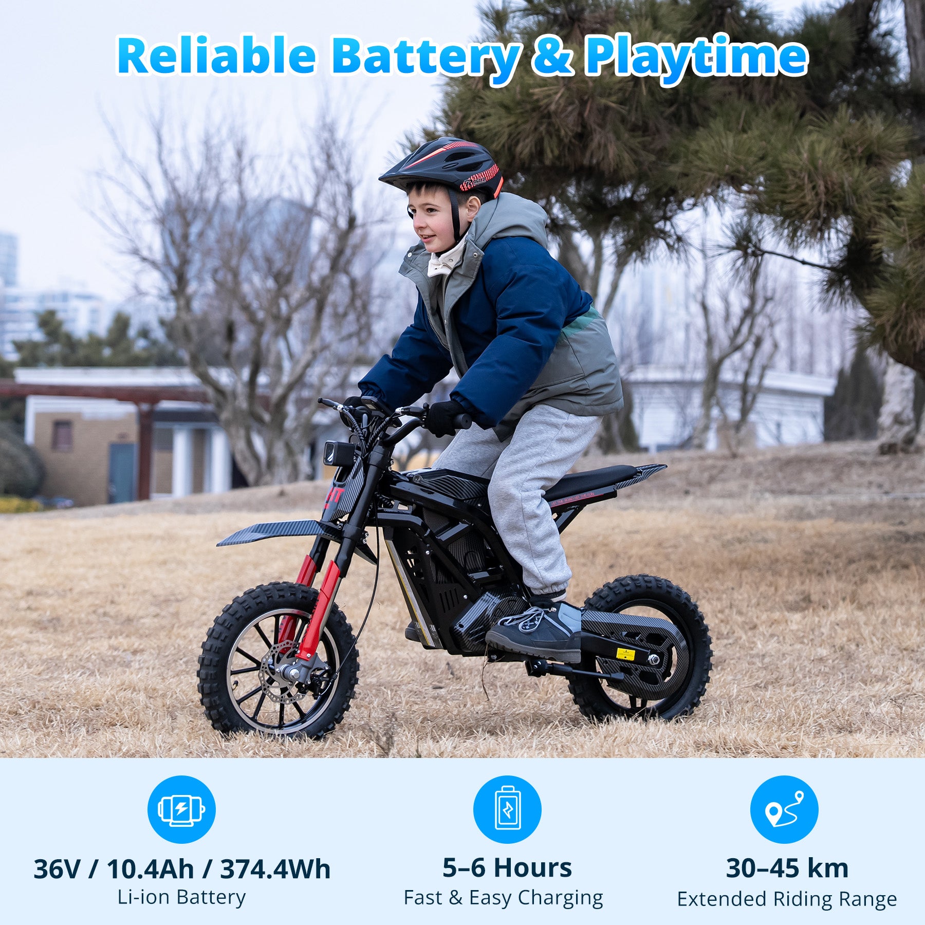 HT100 Kids Electric Dirt Bike 400W Motor, 3 Speed Modes, Dual Suspension, 36V 10.4Ah Battery, 14
